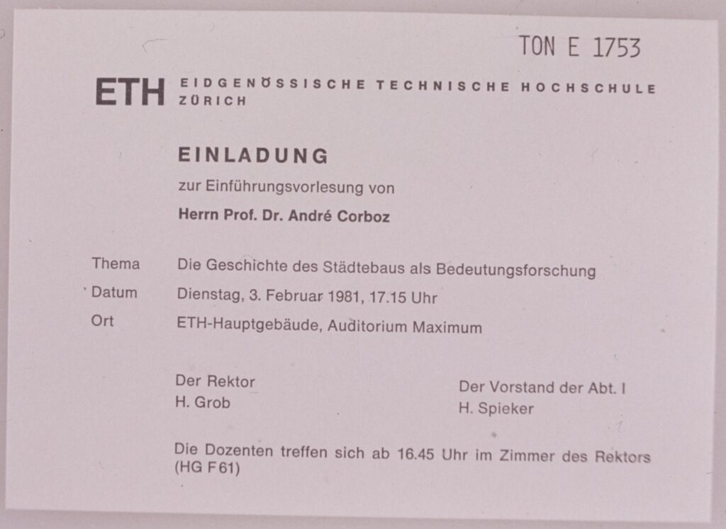 Invitation to Corboz' introductory lecture, 1981