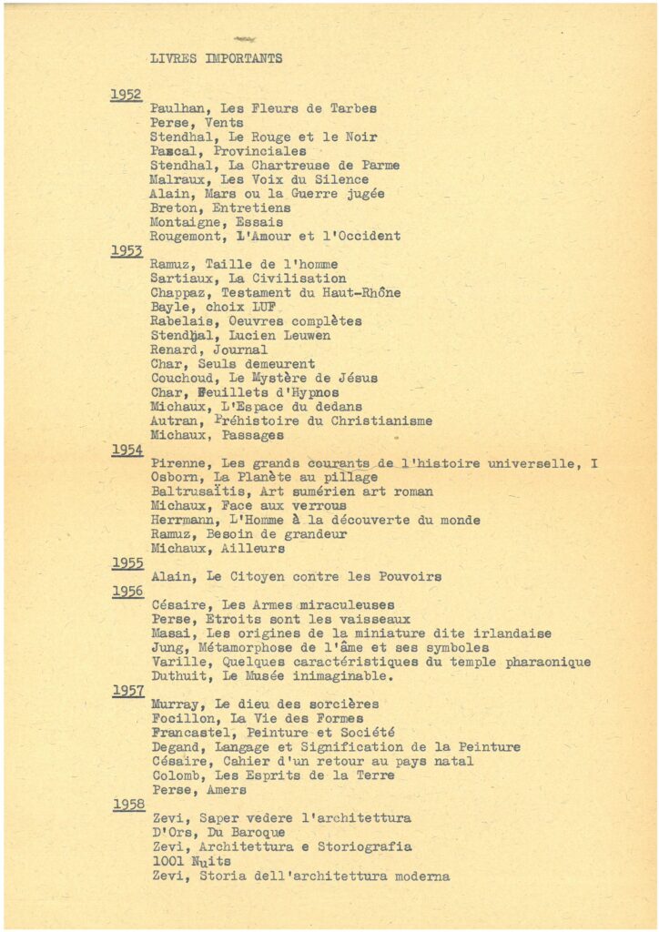 List of important readings from 1952 to 1958