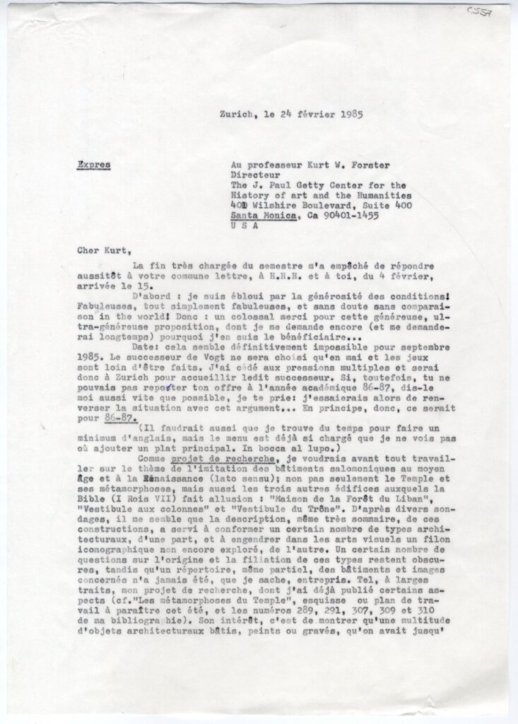 Letter to Kurt Forster, 1985